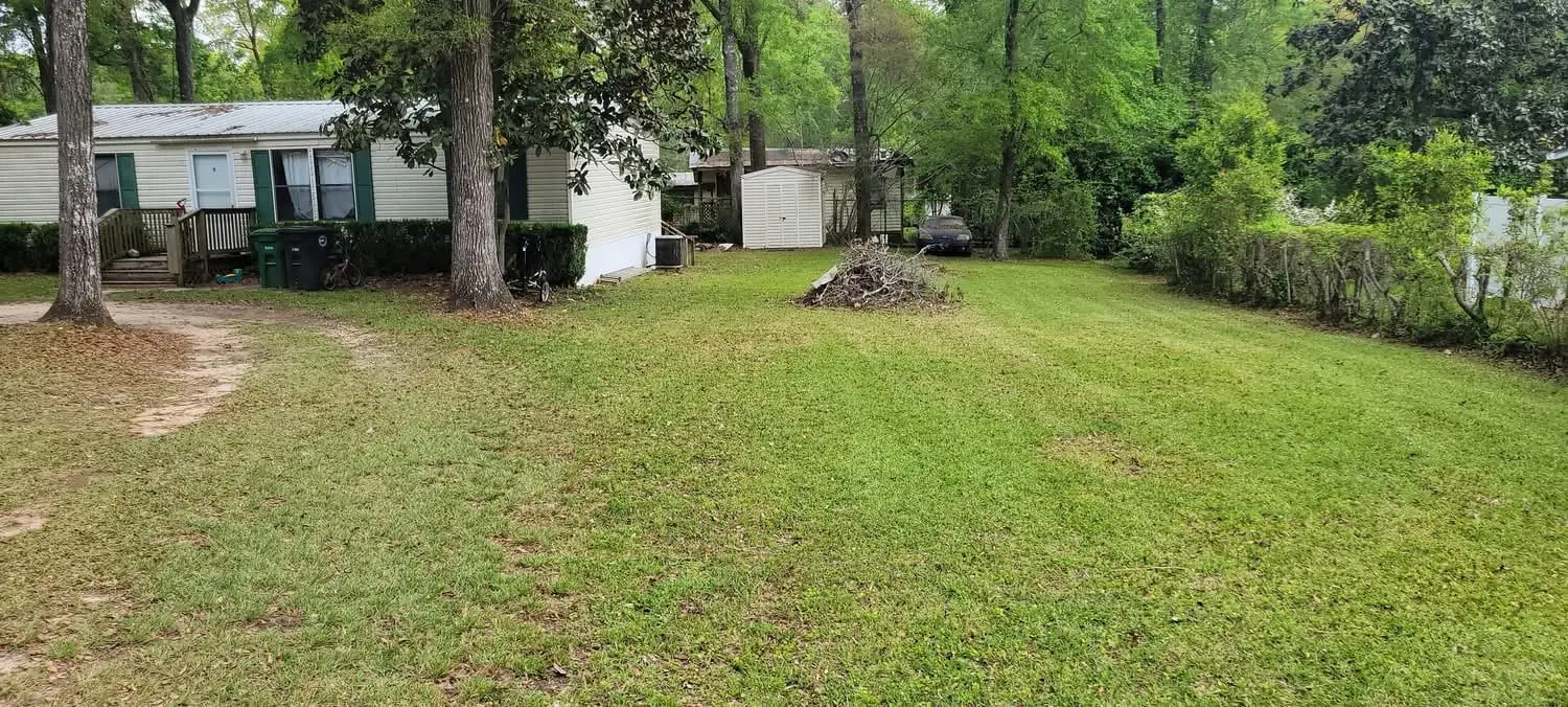 A freshly mowed green lawn around a manufactured home in the Florida Panhandle, trimmed out to the treeline